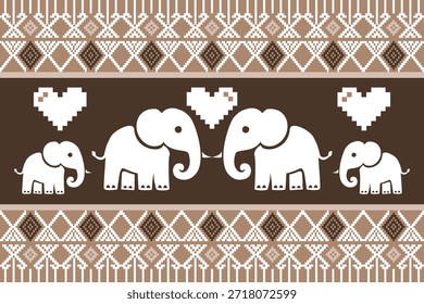 Elegant elephant ethnic pattern inspired by Asian traditional textiles, decorative geometric borders in brown tones, seamless vector design suitable for fabric, wallpaper, background, and print applications.