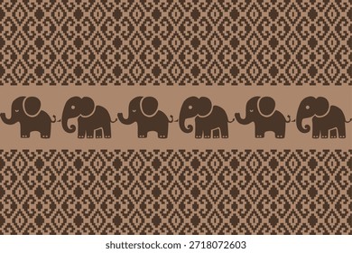 Elegant elephant ethnic pattern inspired by Asian traditional textiles, decorative geometric borders in brown tones, seamless vector design suitable for fabric, wallpaper, background, and print applications.