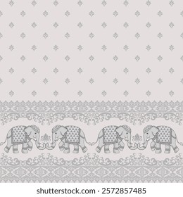 Elegant Elephant Motif with Intricate Patterns and Delicate Floral Borders in Gray and White