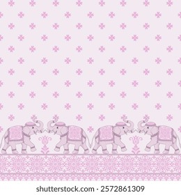 Elegant Elephant Motif with Intricate Patterns and Delicate Floral Borders. Vector illustration.