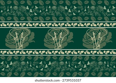 Elegant elephant surrounded by blooming roses in a seamless ornamental pattern, blending wildlife charm with romantic floral details, perfect for prints, textiles, wallpaper, and vector illustrations.