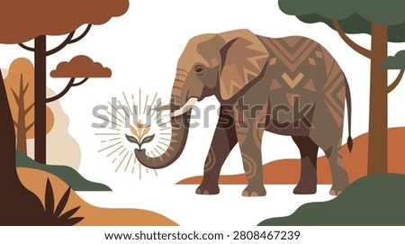 An elegant elephant with tribal patterns gently holds a glowing plant in a serene natural landscape