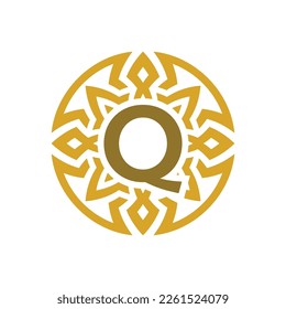 elegant emblem badge initial letter Q ethnic ancient pattern circle logo