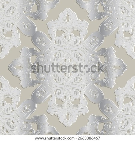 Elegant embossed 3d seamless baroque style pattern in shiny silver tones with ornate floral and swirl ornaments. Textured relief surface background. Endless emboss luxury texture. Vector design.