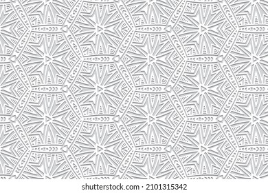 Elegant embossed geometric white background. Vintage 3D pattern with handmade elements. The ethnos of the peoples of the East, Asia, India, Mexico, Aztec. Cover design for creativity.
