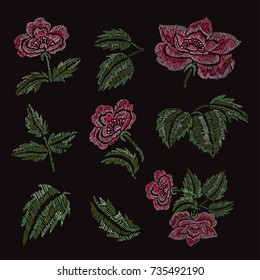 Elegant embroidered floral elements for design. Can be used for cards, invitations, fashion ornaments, fabrics, manufacturing, clothing design. Embroidery style decorative flowers. Editable