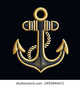 Elegant embroidered surface 3d gold silver anchor with rope. Isolated vector embroidery textured needlework stitching lines anchor illustration. Black background. Decorative ornate modern design.