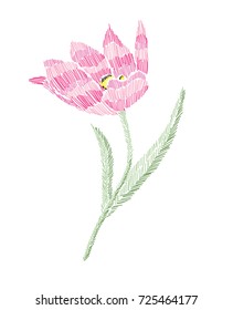 Elegant embroidered tulip flower, design element. Can be used for cards, invitations, fashion ornaments, fabrics, manufacturing, clothing design. Embroidery style decorative flowers. Editable