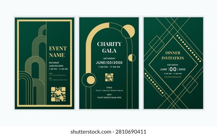 Elegant Emerald Green and Gold Geometric Invitation Card Set with Arch Motifs
