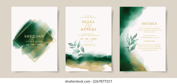 Elegant emerald green watercolor and gold with leaves on wedding invitation card template