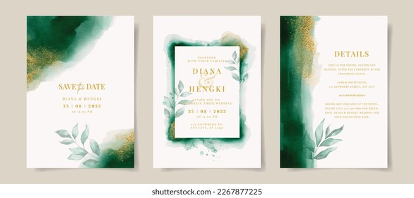 Elegant emerald green watercolor and gold with leaves on wedding invitation card template