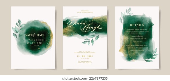Elegant emerald green watercolor and gold with leaves on wedding invitation card template