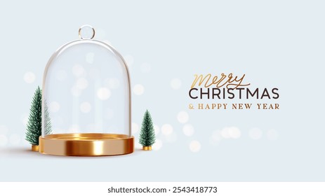 Elegant empty glass dome with golden base, surrounded by miniature fir trees. Festive Merry Christmas and Happy New Year greeting on light blue background. Realistic 3d design. vector illustration