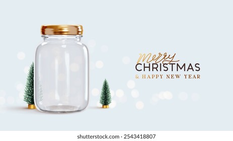 Elegant empty glass jar with golden lid, surrounded by miniature fir trees. Merry Christmas and Happy New Year greeting on light blue background. Realistic 3d design. vector illustration