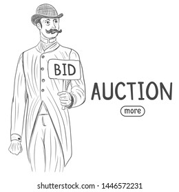 Elegant English Gentleman Holding BID Sign Sketch. Auction Business, Bid And Sale, Trade Commercial Vector Illustration