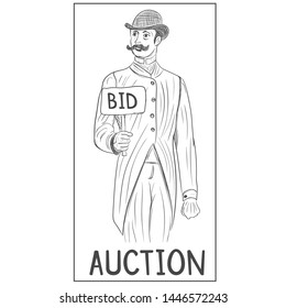 Elegant English Gentleman Holding BID Sign Sketch. Auction Business, Bid And Sale, Trade Commercial Vector Illustration