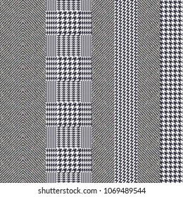 Elegant English stripped tweed texture. Seamless chevron and hounds tooth pattern for fabric design. Grey palette, small scale.