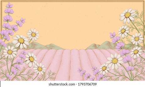 Elegant engraving chamomile and lavender field background