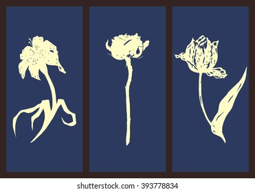 Elegant engraving flower set for bookmarks, cards and gifts. Vector Illustration