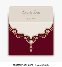 Elegant envelop with vintage jewellery border on red background, jewelry necklace, gold neckline embroidery ornament, vector save the date card or wedding invitation template with place for text