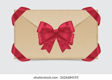 Elegant envelope sealed with deep red ribbon and corner wrap, suitable for invitations or formal greetings.