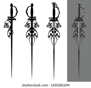 elegant epee sword blade with rose flowers - heraldic style weapon vector design set