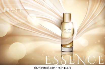 Elegant essence ads, Champagne gold tone with fluttering chiffon on glittering background in 3d illustration, glass bottle