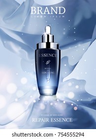 Elegant essence ads, dark blue droplet bottle in 3d illustration, soft floating fabric with glitter spots background