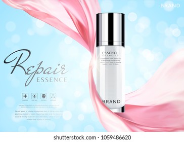 Elegant essence ads, skincare container with flying chiffon isolated on glittering blue background in 3d illustration