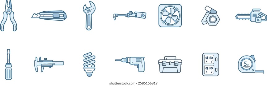 elegant essential hand tools and power accessories icon symbol for construction, electrical work, and household repair vector illustration