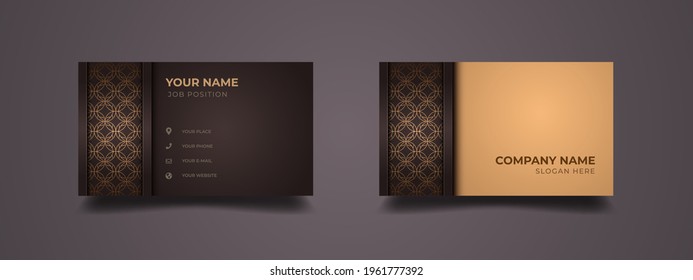 Elegant ethnic business card design with gold lines pattern. Abstract luxury background with golden and brown in two-sided. Vector illustration ready to print.