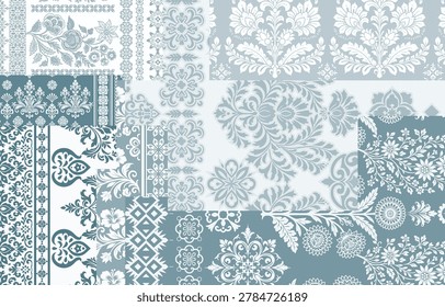 Elegant ethnic floral patchwork pattern in dusty blue, grey, and white tones. Damask, bohemian motifs, and vintage botanical elements blended in a seamless collage design. Perfect for textiles, wallpa
