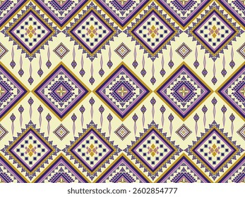 Elegant ethnic geometric pattern with diamond motifs in purple, gold, and cream. Intricate tribal-inspired design showcasing symmetrical art.
