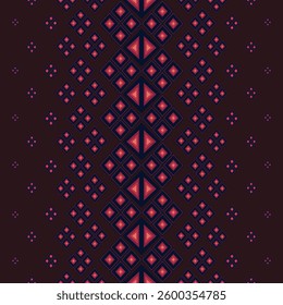 An elegant ethnic geometric pattern featuring intricate diamond motifs in shades of red, navy blue, and deep brown. This symmetrical tribal-inspired design creates a sense of cultural richness and sop