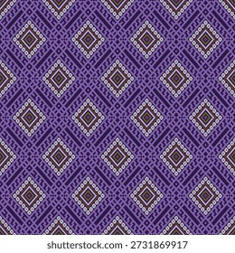 Elegant ethnic geometric pattern with repeating diamond motifs in purple tones, suitable for wallpaper, fabric, and surface design.