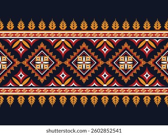 Elegant ethnic geometric pattern with symmetrical flower and leaf motifs in red, gold, and white. Traditional ornamental border design showcasing intricate cultural artistry.