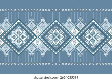 An elegant ethnic pattern featuring geometric shapes and intricate designs in blue and white tones, perfect for textiles or wallpapers