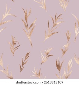 Elegant eucalyptus branch seamless pattern with rose gold glitter texture.