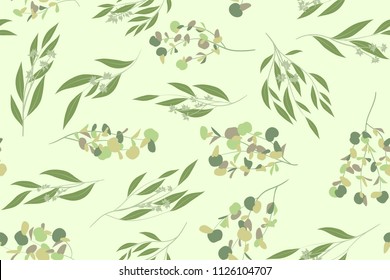Elegant Eucalyptus Seamless Pattern in Pastel Color Design. Watercolor Style. Vector Leaves, Palm Fern Branches and Herbal Bouquet. Greenery of Rustic Wedding. Eucalyptus Pattern for Decoration, Print