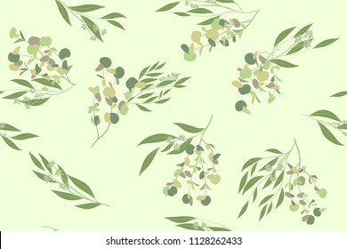 Elegant Eucalyptus Seamless Pattern in Pastel Color Design. Watercolor Style. Vector Leaves, Palm Fern Branches and Herbal Bouquet. Greenery of Rustic Wedding. Eucalyptus Pattern for Decoration, Print