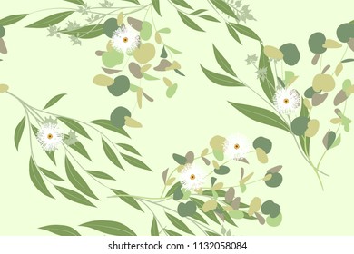 Elegant Eucalyptus Seamless Pattern in Pastel Color Design. Watercolor Style. Vector Leaves, Palm Fern Branches and Herbal Bouquet. Greenery of Rustic Wedding. Eucalyptus Pattern for Decoration, Print