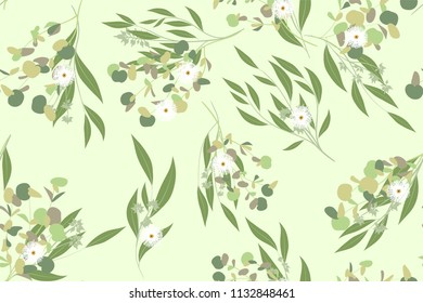 Elegant Eucalyptus Seamless Pattern in Pastel Color Design. Watercolor Style. Vector Leaves, Palm Fern Branches and Herbal Bouquet. Greenery of Rustic Wedding. Eucalyptus Pattern for Decoration, Print