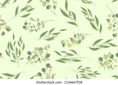 Elegant Eucalyptus Seamless Pattern in Pastel Color Design. Watercolor Style. Vector Leaves, Palm Fern Branches and Herbal Bouquet. Greenery of Rustic Wedding. Eucalyptus Pattern for Decoration, Print
