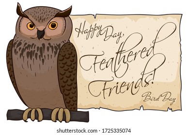 Elegant Eurasian Eagle-owl standing in a branch, promoting Bird Day celebration with a commemorative scroll dedicated to the feathered friends.