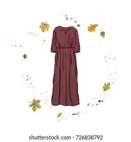 Elegant evening dress of burgundy color. Clothing on the background of autumn leaves and drops of watercolor. Hand drawn vector illustration on a white background.