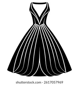Elegant evening dress silhouette in black and white vector illustration

