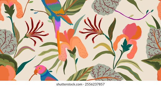 Elegant exotic hand drawn flowers pattern with parrot. Dynamic botanical print. Fashionable template for design. 