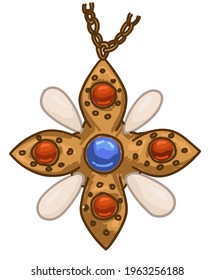 Elegant expensive pendant in shape of cross, isolated vintage jewelry on chain with gemstones and decorative beads. Shiny treasures of nobility and rich people in previous epoch. Vector in flat style