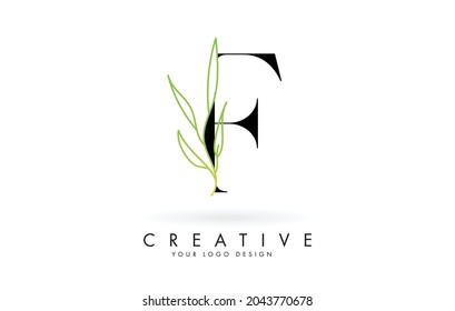 Elegant F letter logo design with long leaves branch vector illustration. Creative icon with letter F and natural elements.