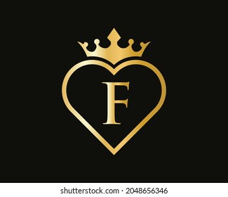 Elegant F Logo With Crown and Love Shape. Heart Letter F Logo Design, Gold, Beauty, Fashion, Cosmetics Business, Spa, Salons, And Yoga Vector Luxury Concept Template